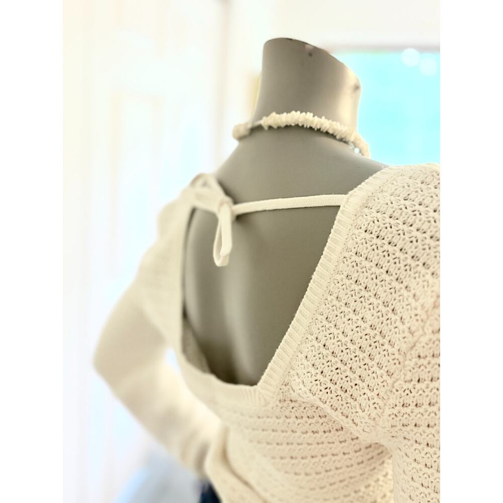 Hollister Crop Sweater Women L White Crochet Open Knit Square Neck Y2K Boho Top - Picture 2 of 4